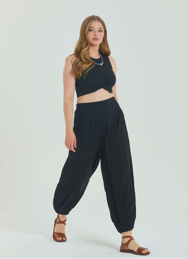 Elastic Waist Relaxed Cut Black Plus Size Trousers 4627